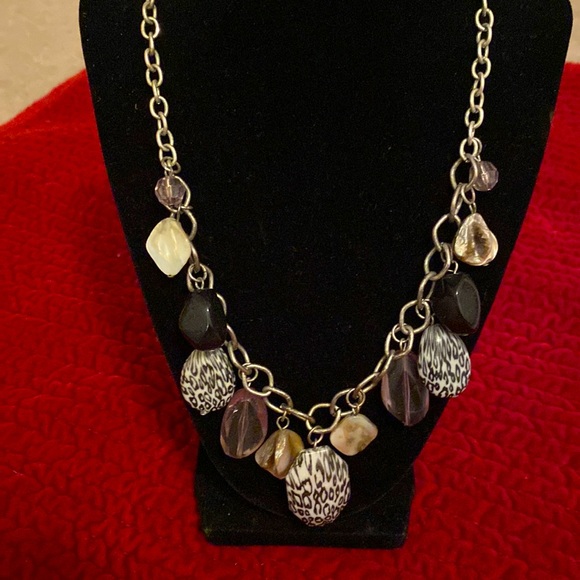 Jewelry - Brushed Chrome Metal Necklace with Patterned and solid beads and stones